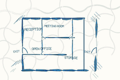 Animated preview of a blue ballpoint office sketch becoming an equipped OSHAMap and a 3D view