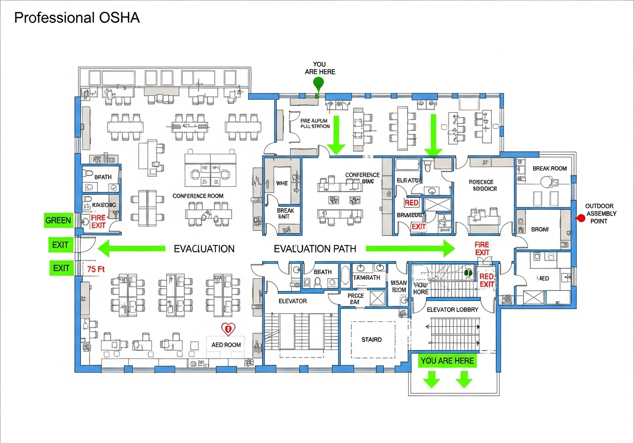 Sample HR Director OSHA-compliant evacuation floor plan showing emergency exits, fire extinguisher locations, and assembly points