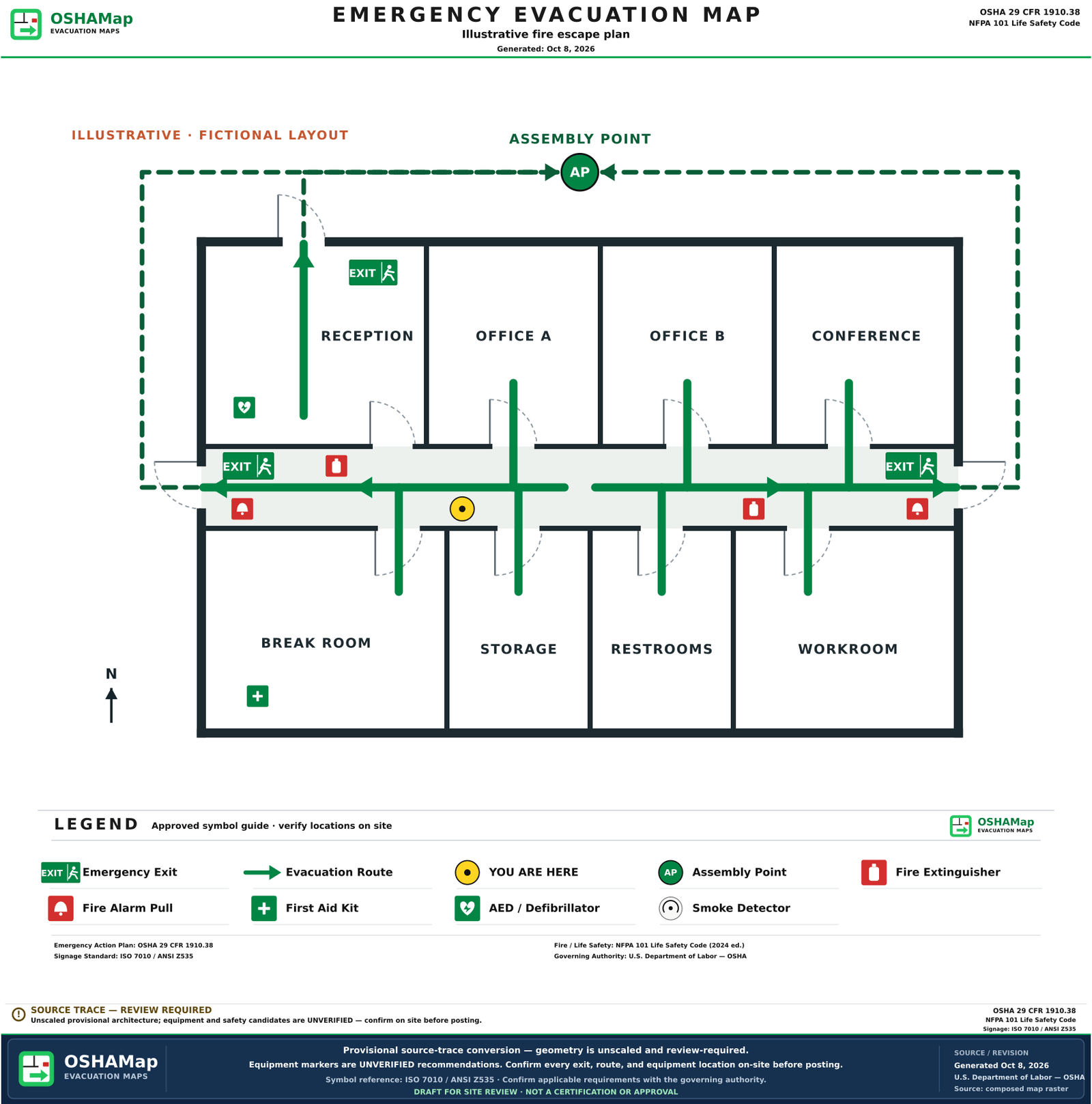 The same fictional office as an illustrative fire escape plan draft with green route arrows, exit signs, safety symbols, a You are here marker, an assembly point and a legend