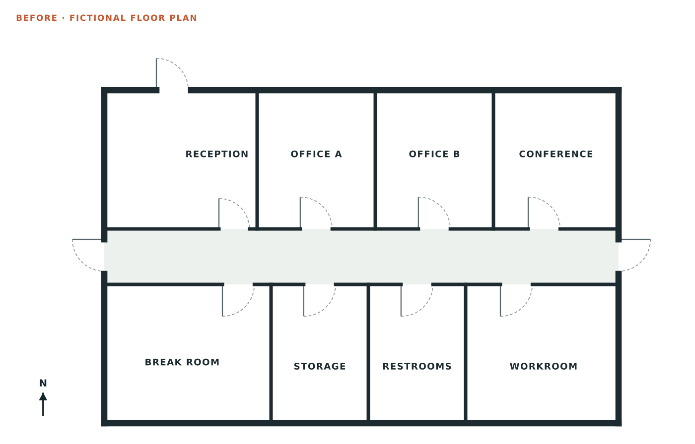 Fictional plain office floor plan with rooms, doors and room names but no escape routes or safety symbols