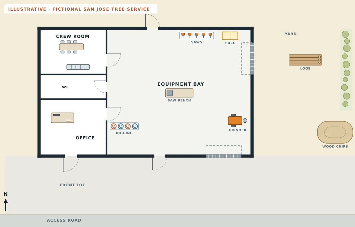 A plain floor plan of a fictional San José tree service: crew room, WC and office down the left side, an equipment bay with saws, fuel, a saw bench, rigging and a grinder, a front roll-up and a yard-side roll-up, logs, a wood chip pile and brush in the yard, and the front lot, with no routes or safety symbols