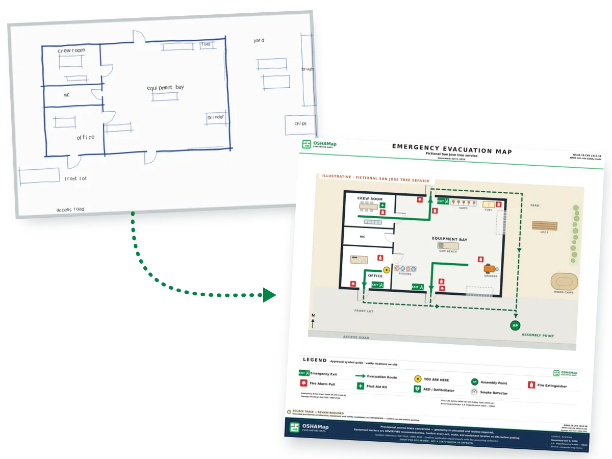 Illustration: a fictional San José tree service drawn in blue marker on a whiteboard, and the draft made from it, with green routes from the crew room, the equipment bay and the office to three doors, along with safety symbols and a front-lot assembly point