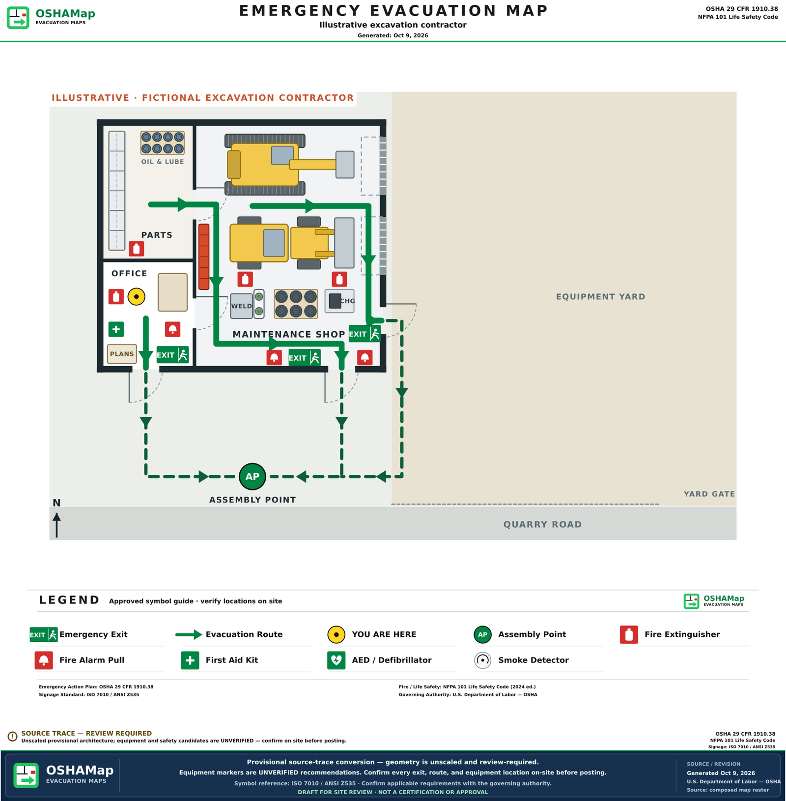 The same fictional excavation contractor as an illustrative fire escape plan draft with a green route from the office out the front door, a route from the parts room across the shop to the south door, a second shop route past the bays to the east man door, outside routes to an assembly point out front, and a legend for its four extinguishers, three exit signs, three alarm pull stations, first aid and the You are here marker in the office