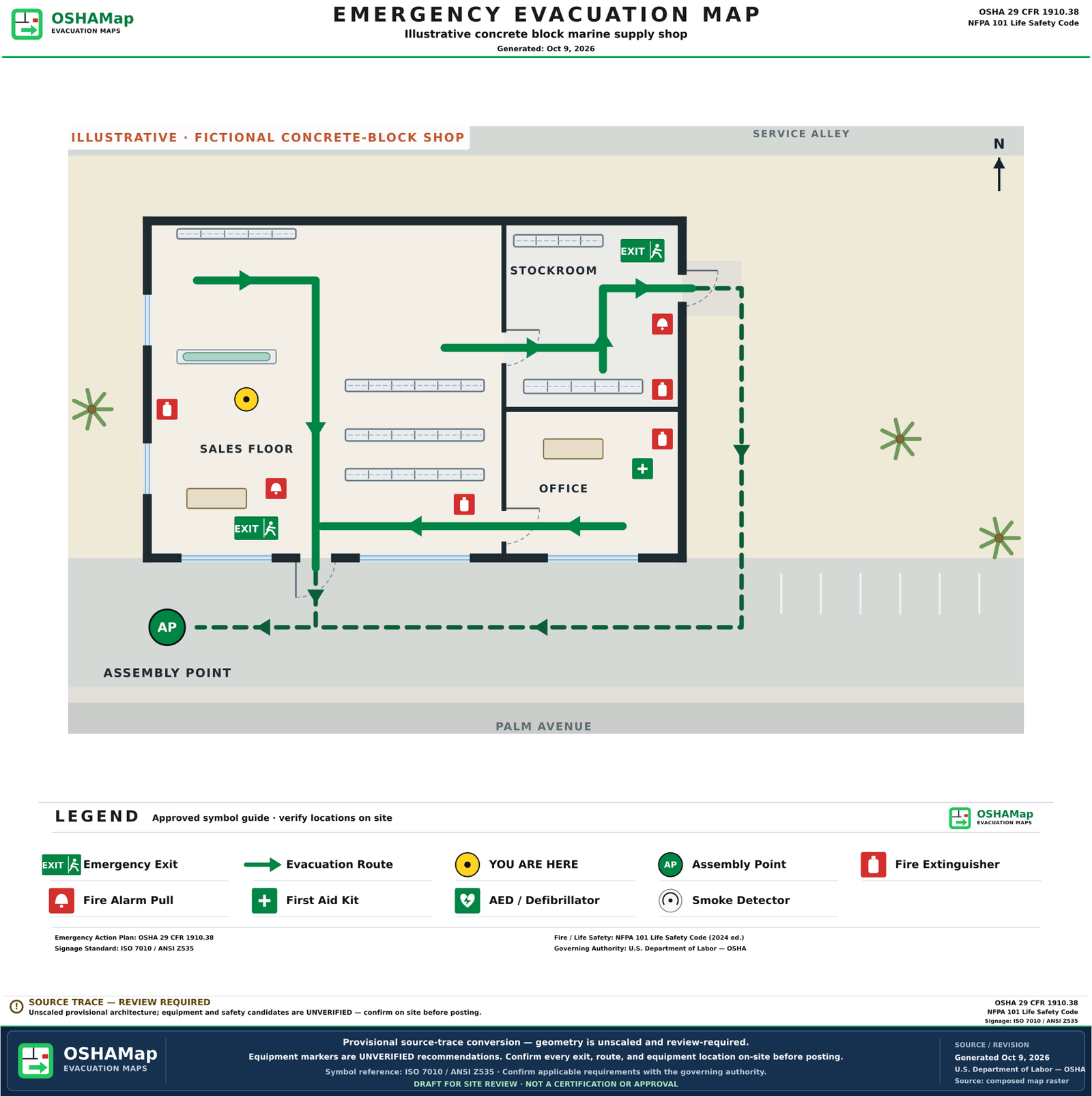 The same fictional shop as an illustrative fire escape plan draft with green routes from the sales floor to the front door, from the stockroom and the east end of the sales floor to the back door, from the office across the sales floor, outside routes to an assembly point in the front lot, exit signs at both doors, an extinguisher in every room, pull stations, a first aid kit, a You are here marker and a legend