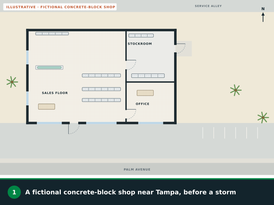 Animation: a fictional concrete-block shop near Tampa. Storm panels go up over the storefront and side windows, the front and back doors are highlighted as staying free of panels, routes grow from the sales floor, stockroom and office to those two doors, a generator appears in the side yard at least 20 feet from the building, outside routes run to a meeting point in the front lot, and the safety symbols are added