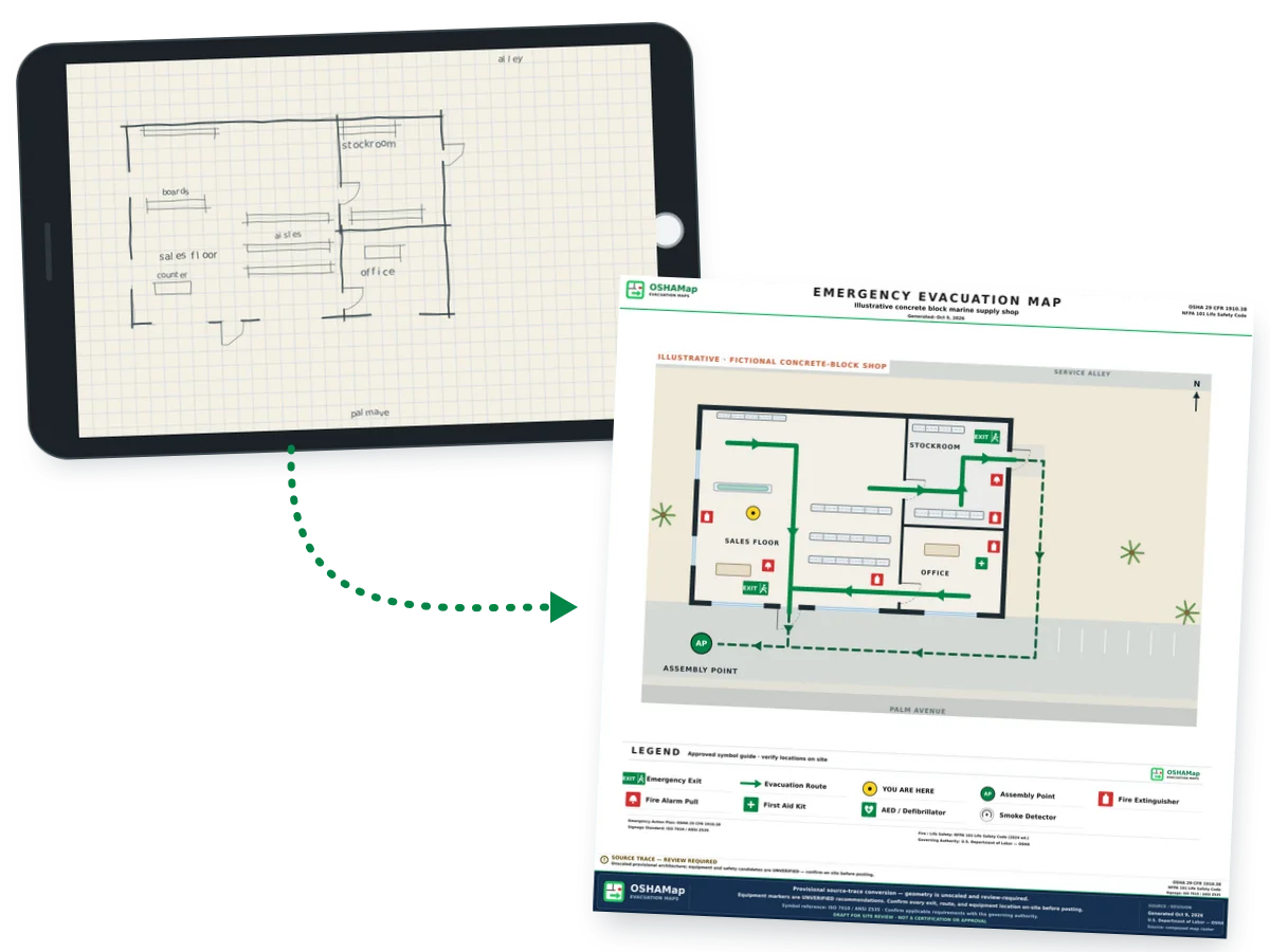 Illustration: a fictional concrete-block shop plan, sketched on grid paper and shown on a tablet, turned into a fire escape plan draft with green routes from the sales floor, stockroom and office to the front and back doors, safety symbols and a meeting point in the front lot