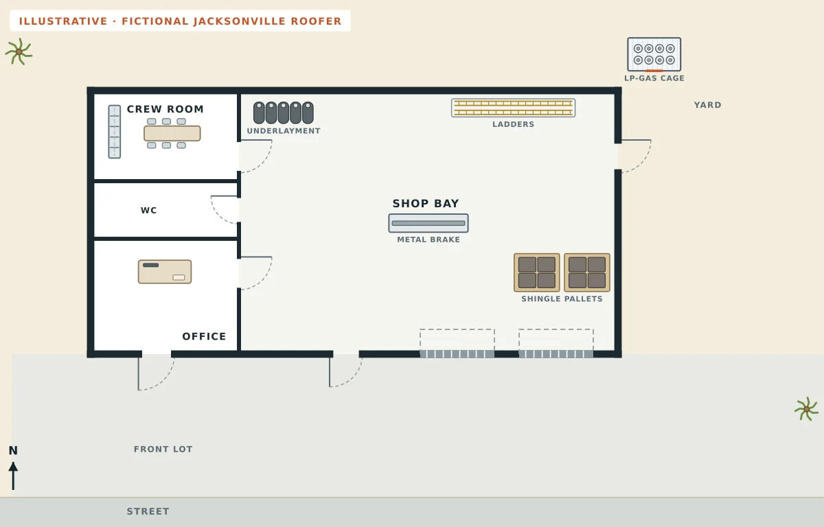 A plain floor plan of a fictional Jacksonville roofing shop: crew room, WC and office down the left side, a shop bay with underlayment, ladders, a metal brake and shingle pallets, two roll-up doors and three side-hinged doors, an LP-gas cage out in the yard, and the front lot; no routes or safety symbols yet