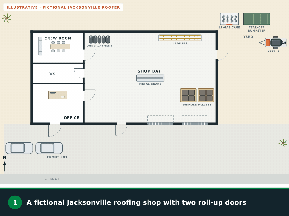 Animation: a fictional Jacksonville roofing shop with an LP-gas cage, a tear-off dumpster and a kettle in the yard. Routes grow from the office, crew room and shop bay to three doors, cylinders set down by an exit are crossed out while the yard cage gets a check, a storm pallet at the yard door is crossed out and a staging spot in the yard is checked, a portable generator appears with a 20-foot ring, everyone meets at the far end of the front lot, and exit signs, pull stations and extinguishers are added