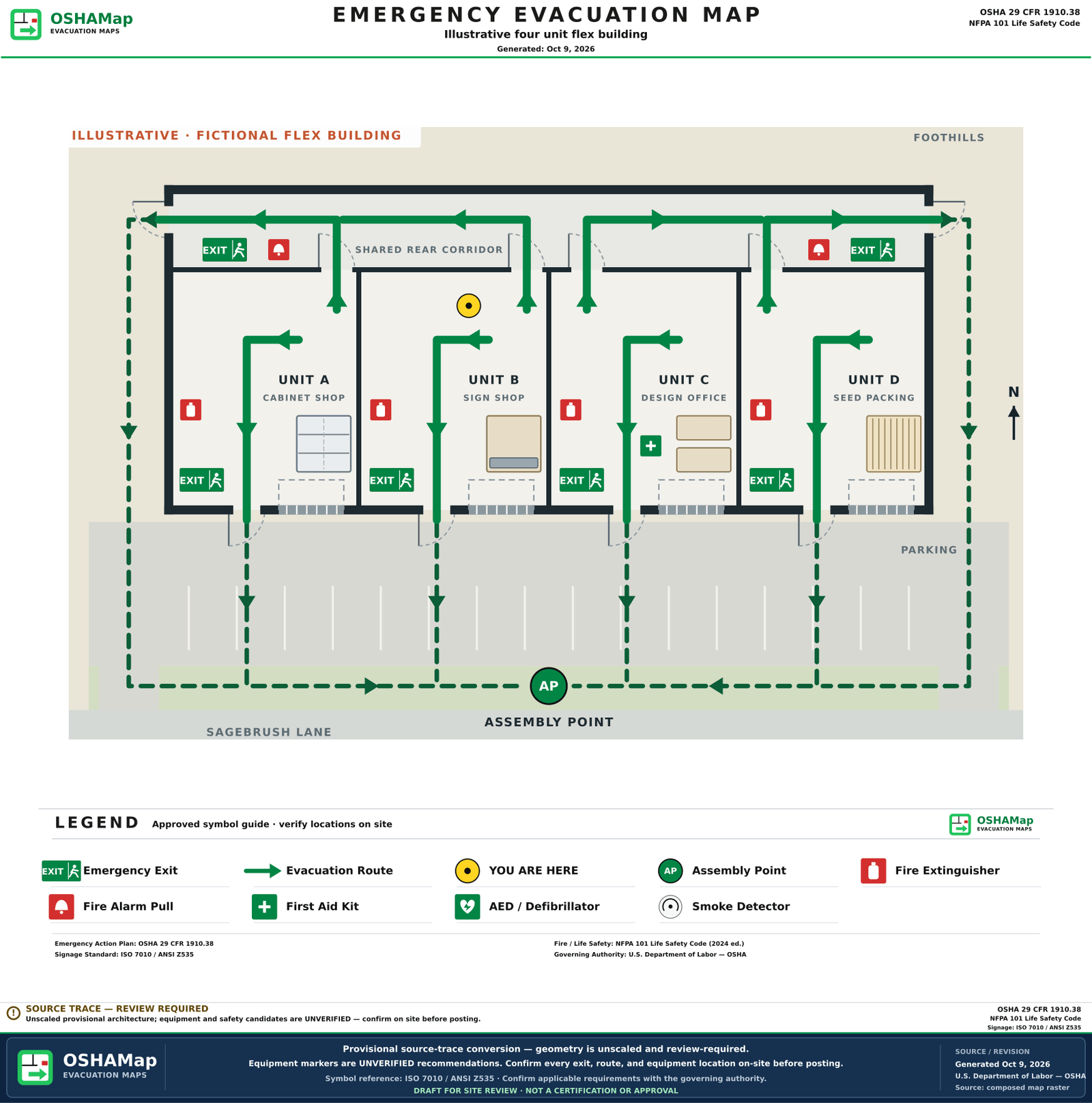 The same fictional flex building as an illustrative fire escape plan draft with green routes from each unit to its front door and from each back door along the shared corridor to the end doors, outside routes across the parking lot to an assembly point by the street, and a legend explaining the exit signs, extinguishers, pull stations, first aid kit and You are here marker