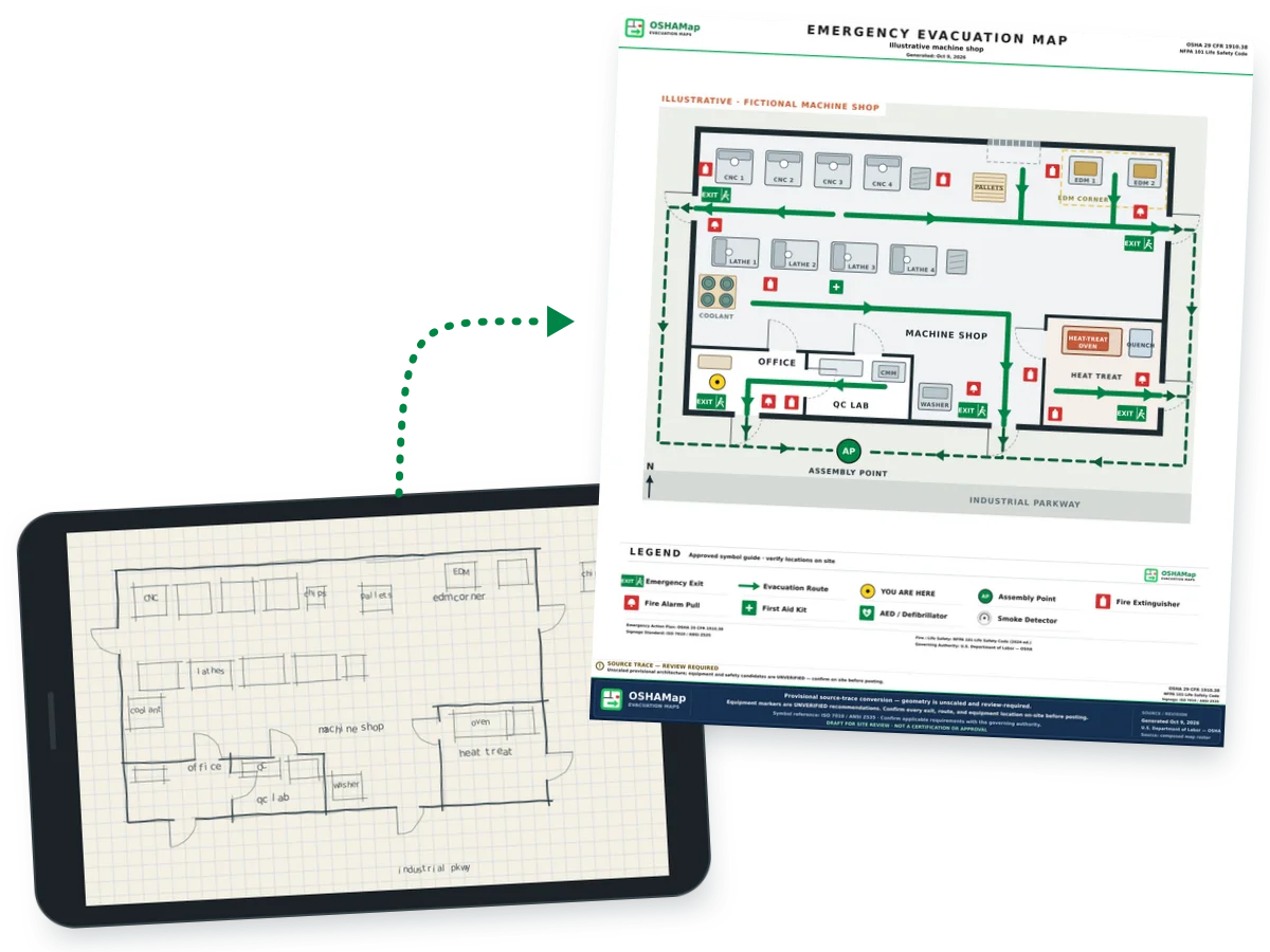 Illustration: a phone photo of a graph-paper sketch of a fictional machine shop with CNC machines, lathes, an EDM corner, chip bins, coolant drums and a heat-treat room, next to a fire escape plan draft with green routes to five doors and an assembly point out front