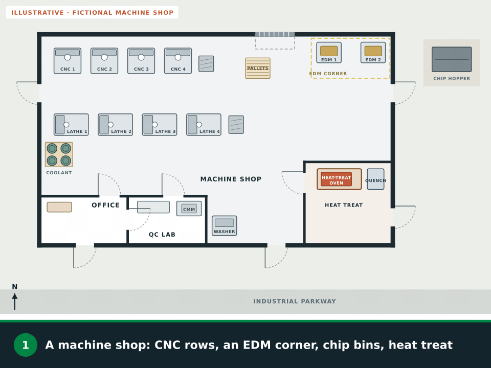 Animation: a fictional machine shop. Routes are drawn along the aisle between a row of CNC machining centers and a row of lathes; a pallet parked in the aisle is crossed out; the EDM corner is ringed and an extinguisher appears beside it; the chip bins at the row ends are ringed and an extinguisher appears nearby; the heat-treat oven is ringed, an extinguisher appears across the room 15 to 50 feet away and the room gets its own route; the office and QC lab get a route to the front door; last come the exit signs, pull stations, extinguishers and the assembly point out front