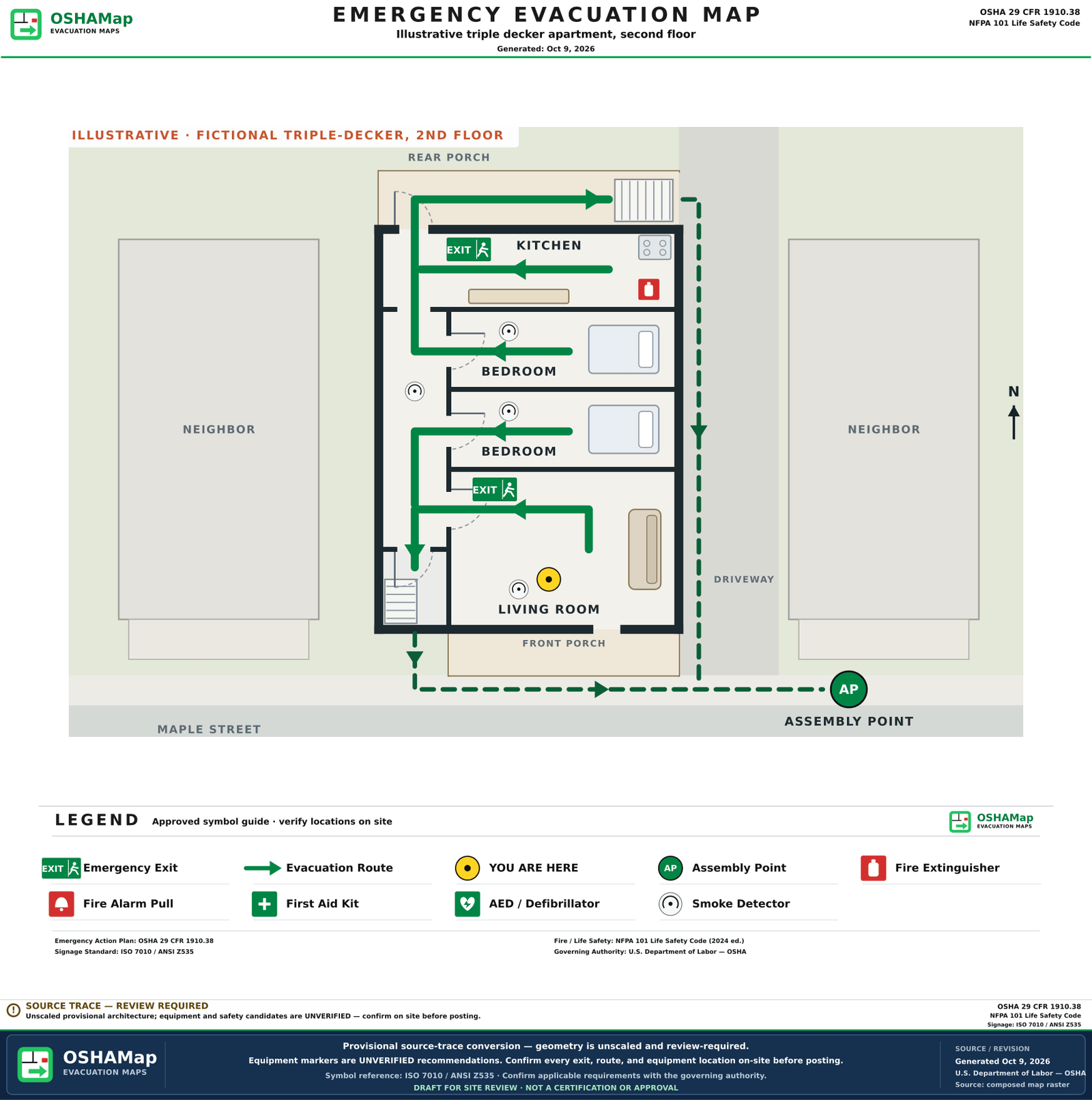The same fictional apartment as an illustrative fire escape plan draft with green routes from the living room and front bedroom to the front stairs and from the kitchen and rear bedroom to the rear porch stairs, outside routes down the driveway and along the sidewalk to an assembly point, exit signs, smoke detectors, an extinguisher, a You are here marker and a legend