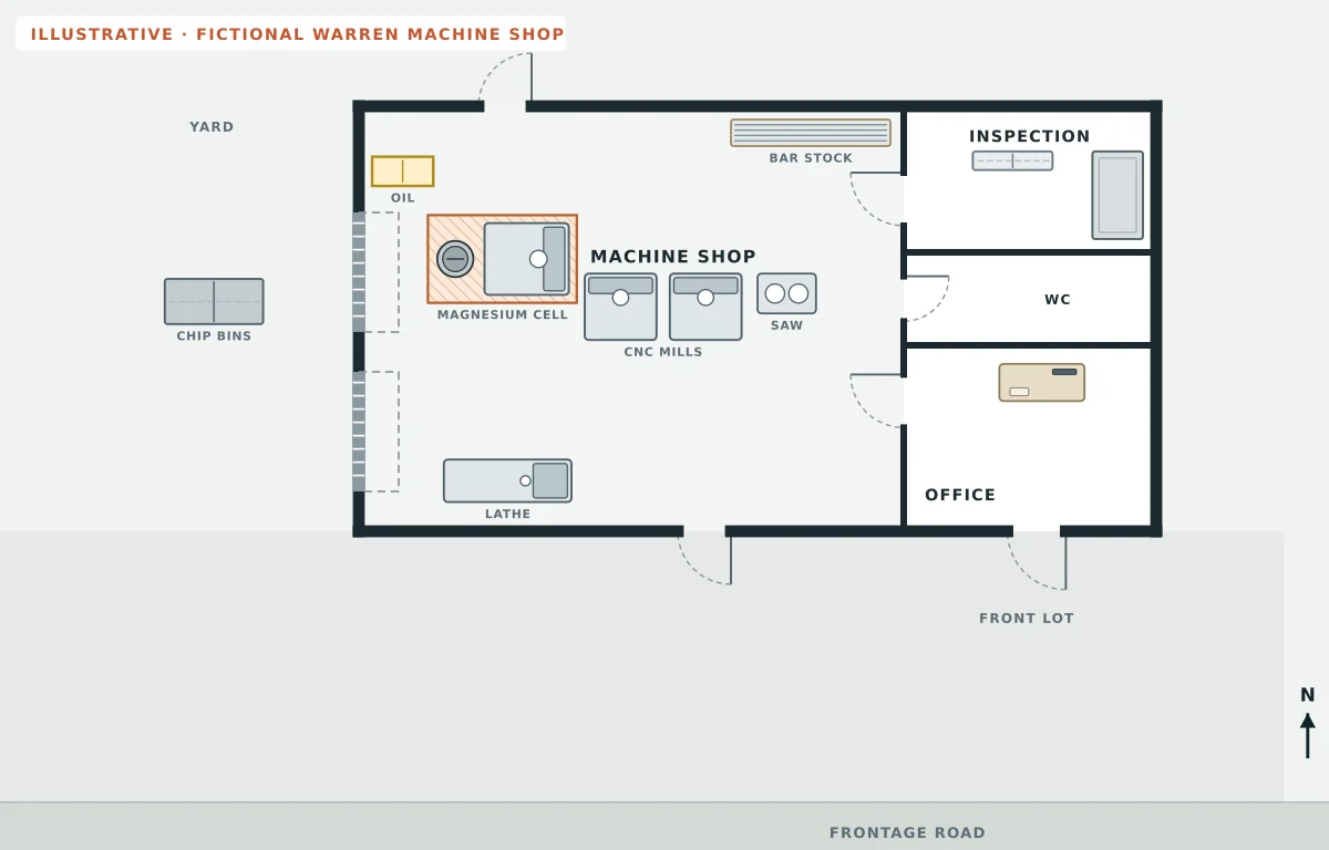 A plain CAD-style plan of a fictional Warren machine shop: a machine shop with an oil cabinet, a magnesium cell, two CNC mills, a saw, a lathe and bar stock, with inspection, WC and office down the right side, two roll-up doors on the yard wall, chip bins in the yard and the front lot, but no routes or safety symbols