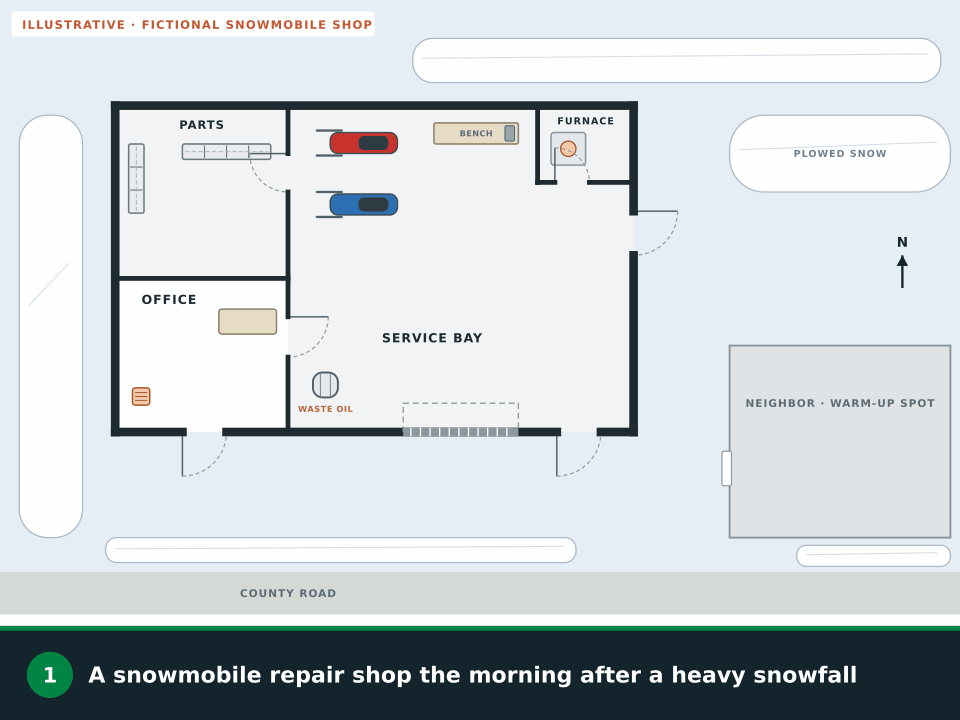 Animation: a fictional snowmobile repair shop the morning after a snowfall. A drift against the side door is crossed out, each exit door and a shoveled path from it is cleared and checked, routes run from the office and the service bay to the nearest cleared doors, the paths join and lead to an assembly point beside the neighbor’s building, a 3-foot ring is drawn around the office heater and the furnace room is marked as no storeroom, and the safety symbols are added