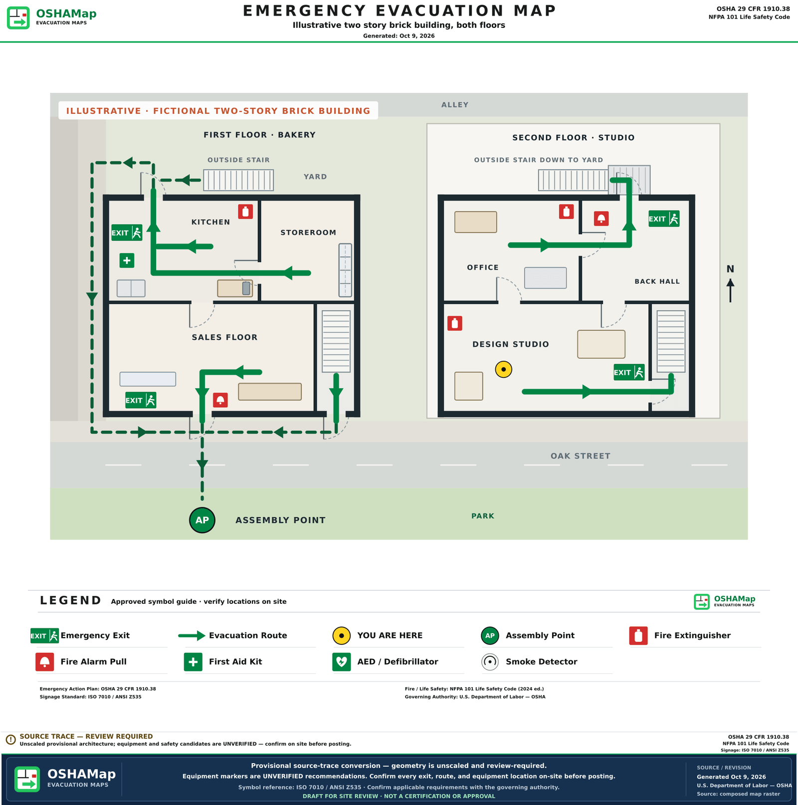 The same fictional building as an illustrative fire escape plan draft with green routes on both floors to the front door, the back door, the inside stair and the outside stair, outside routes through the yard and side passage to an assembly point in the park across the street, a You are here marker, a first aid kit, extinguishers, pull stations, exit signs and a legend