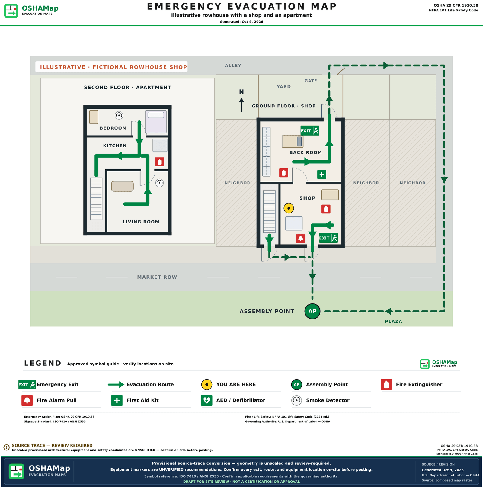 The same fictional rowhouse as an illustrative fire escape plan draft with green routes on both floors to the shop doors and the apartment stair, outside routes from the yard gate along the alley and from the front doors to an assembly point in the plaza across the street, exit signs, extinguishers, a pull station, a first aid kit, smoke detectors in the apartment, a You are here marker and a legend