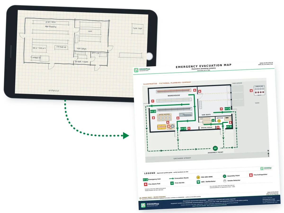 Illustration: a phone photo of a graph-paper sketch of a fictional plumbing company with pipe racks, water heaters, a threading bench, a flammables cabinet, van bays, a break room, an office and a torch gas cage in the yard, shown beside the fire escape plan draft built from it, with four doors at the ends of green routes and an assembly point out front by Orchard Street