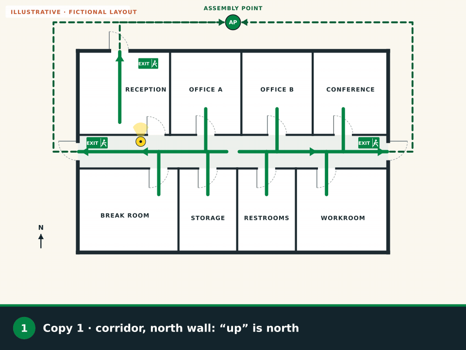 Animation: one fictional office layout shown as three posted copies, each turned to face its reader, with exit labels kept upright and a You are here marker for each spot