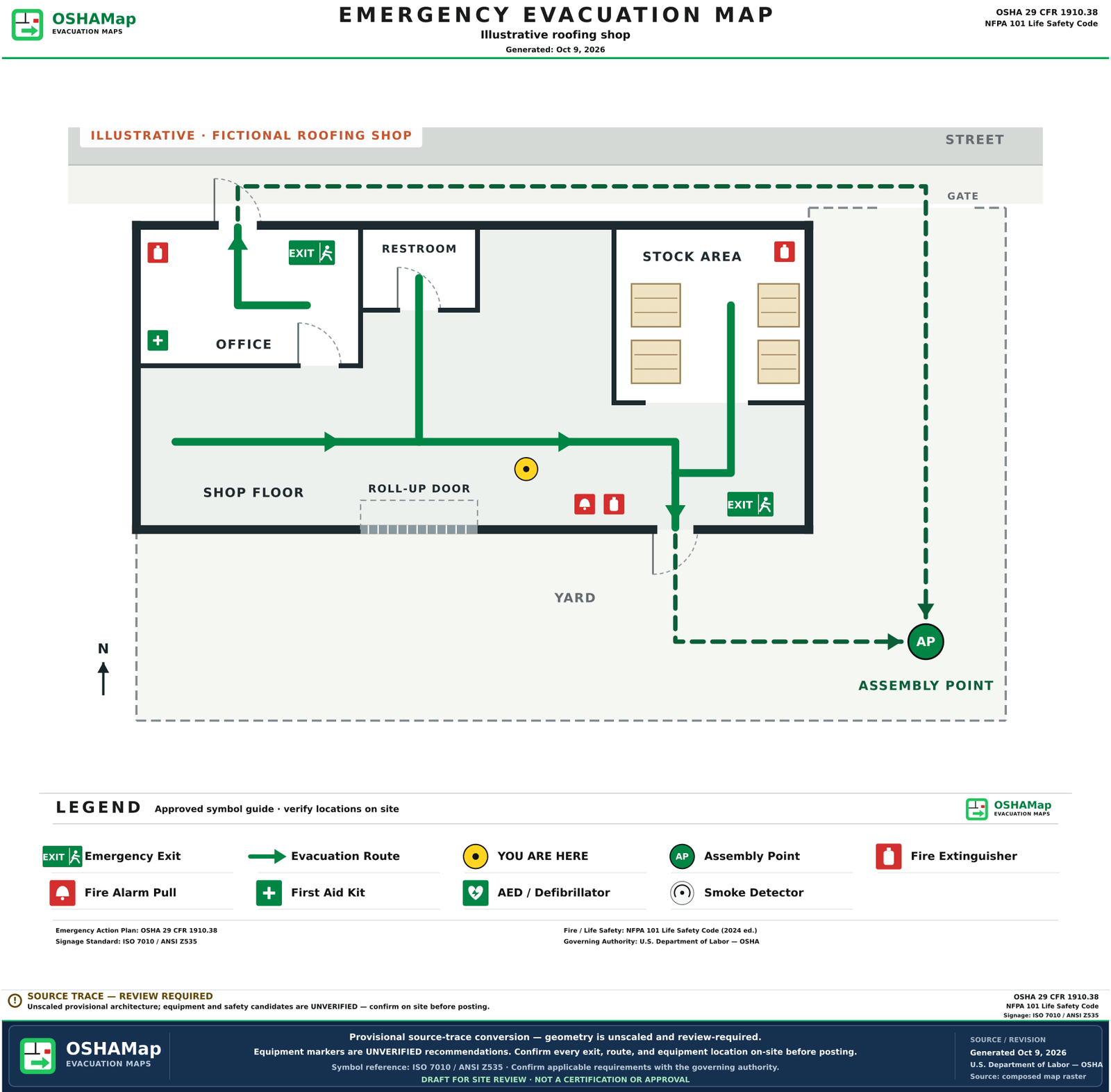 The same fictional roofing shop as an illustrative fire escape plan draft with green route arrows to two walk-through exits, exit signs, extinguishers, an alarm pull station, first aid, a You are here marker, an assembly point and a legend