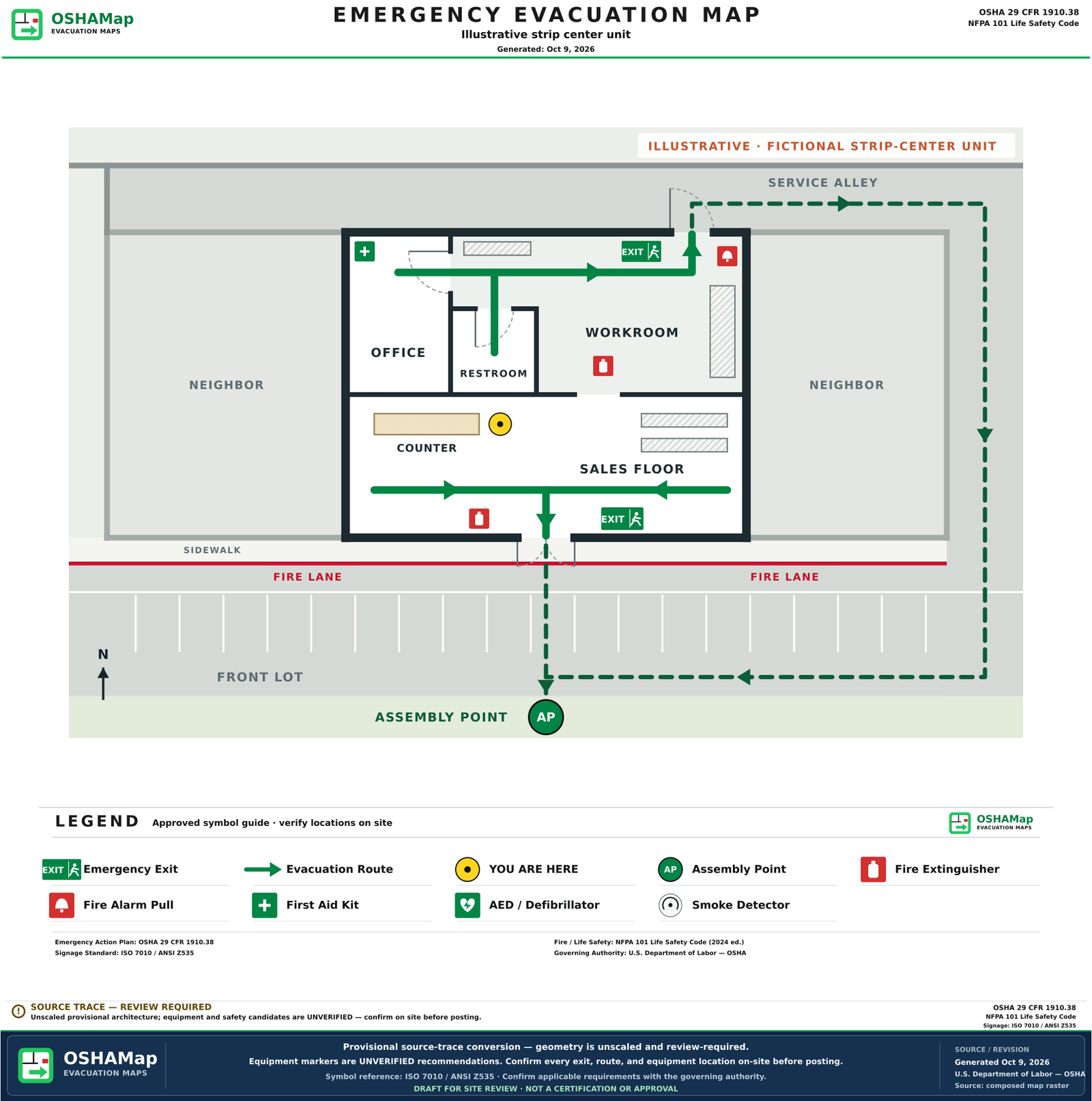 The same fictional unit as an illustrative fire escape plan draft with green routes to the front door and the rear alley door, exit signs, extinguishers, an alarm pull station, first aid, a You are here marker, an assembly point in the front lot and a legend
