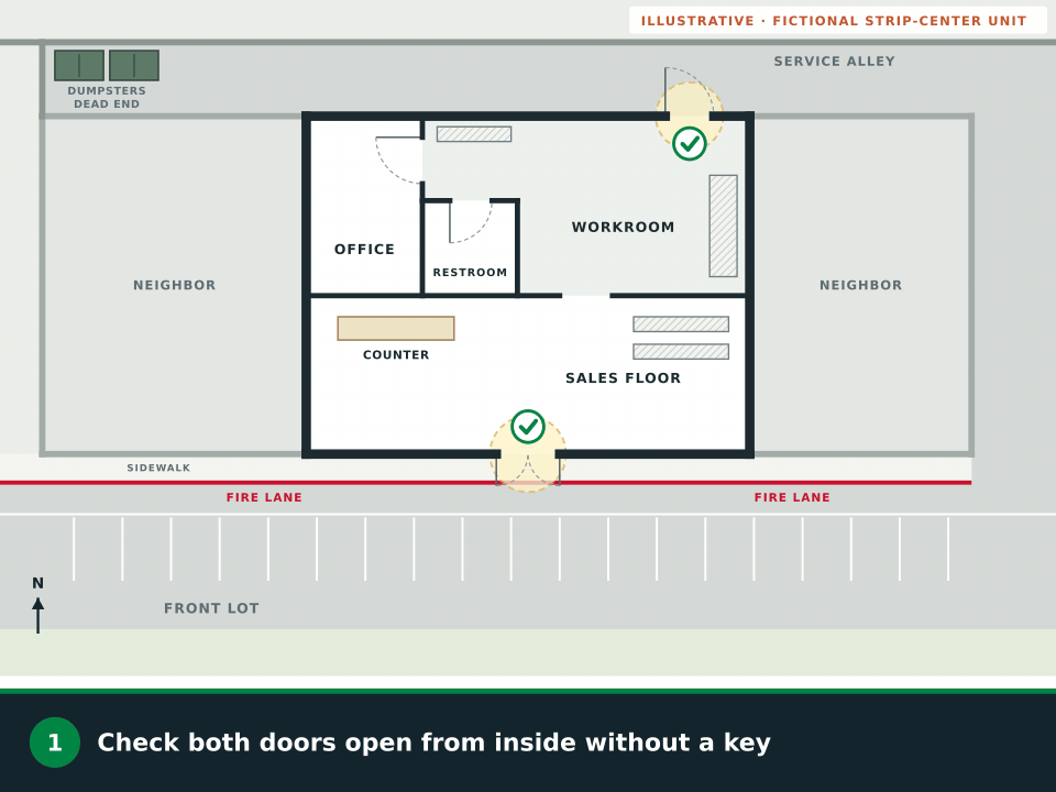 Animation: a fictional strip-center unit between two neighbors. The front door and the rear door to the service alley are checked, routes are drawn through both, the way to the dead end behind the dumpsters is crossed out, the alley route continues to the open end and around to the front lot, a meeting point is picked by a light pole at the far edge of the lot, and the restroom is marked as the tornado shelter room