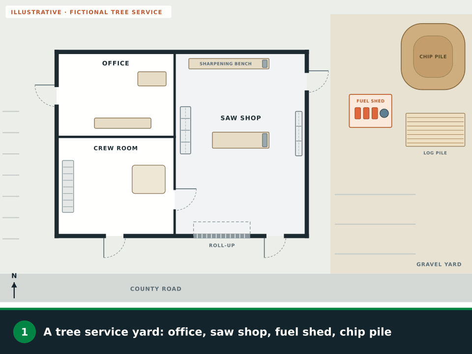 Animation: a fictional tree service. Routes are drawn from the office and crew room, then two routes out of the saw shop, the fuel shed is ringed as the place for gas, bar oil and mix, a line shows the chip pile set back one and a half times its height, the chipper and trucks park clear of the outside walkways, then exit signs, extinguishers, alarm pull stations, first aid and an assembly point on the far side from the yard appear