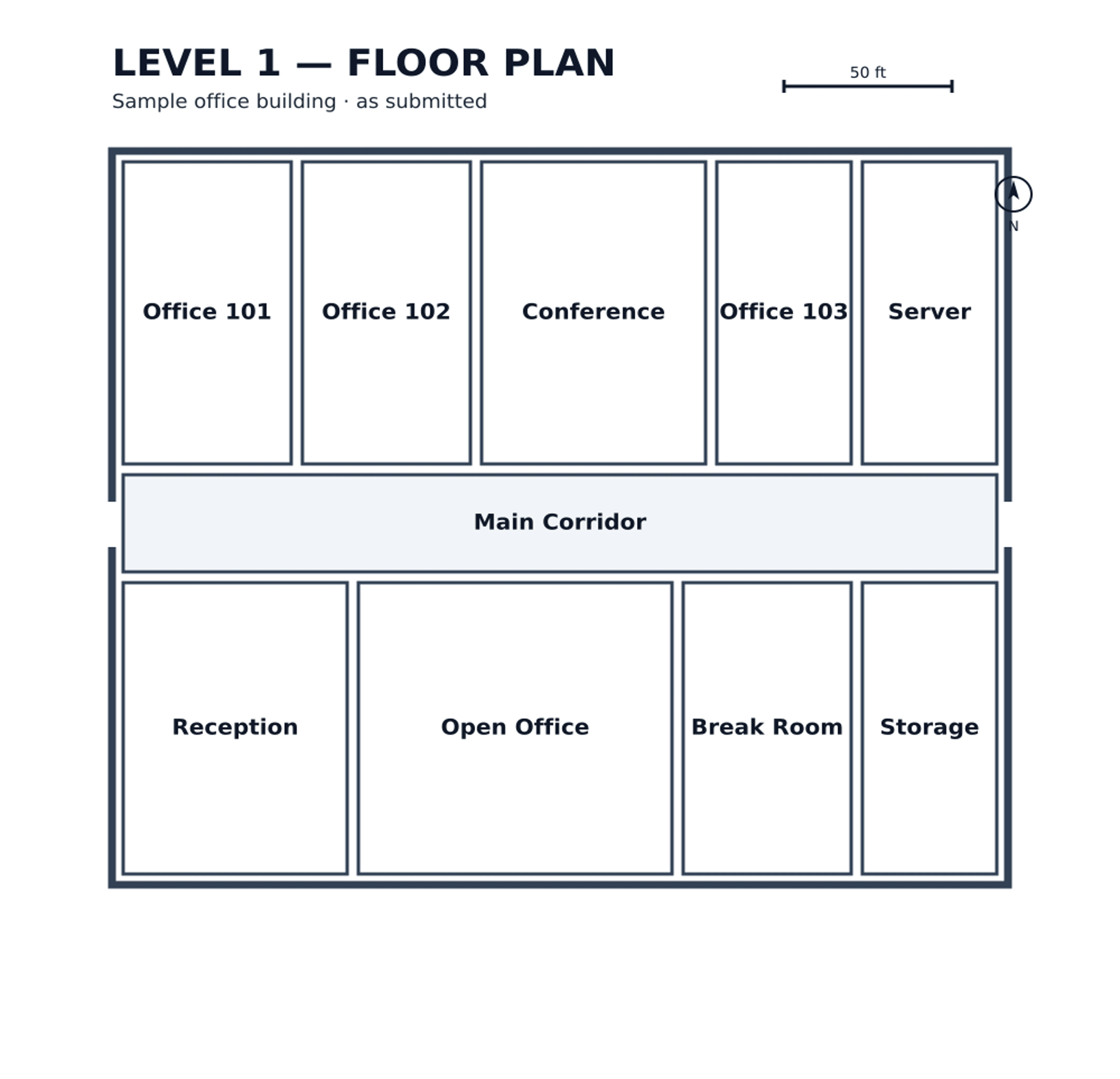 Illustrative synthetic floor plan with fictional evacuation annotations