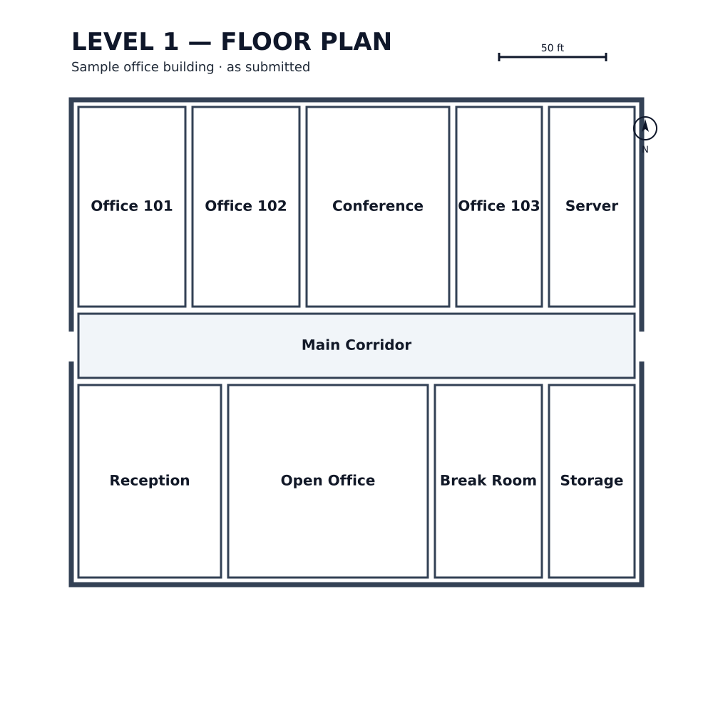 Synthetic ordinary office floor plan with rooms and doors but no evacuation annotations