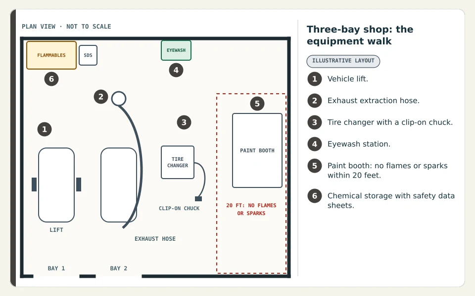 Repair shop plan with six numbered callouts: a vehicle lift, an exhaust extraction hose, a tire changer with a clip-on chuck, an eyewash station, a paint booth with 20 feet of clearance and chemical storage with safety data sheets.