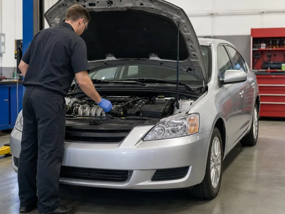 A technician wearing gloves works in the engine bay of a car with its hood open inside a repair shop.