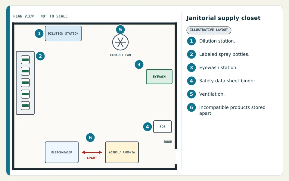 Janitorial supply closet plan with six numbered callouts: a dilution station, labeled spray bottles, an eyewash station, a safety data sheet binder, ventilation, and incompatible products stored apart.