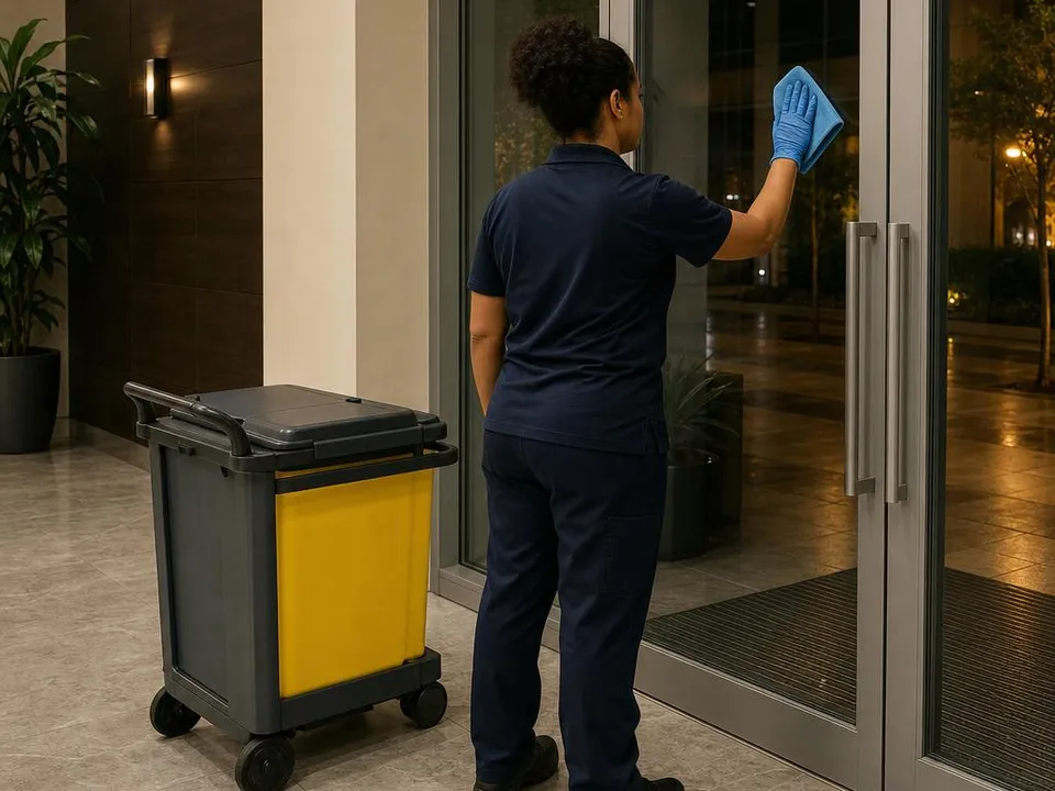 A uniformed cleaner wipes a glass entrance door in an office lobby with a yellow janitorial cart beside them.