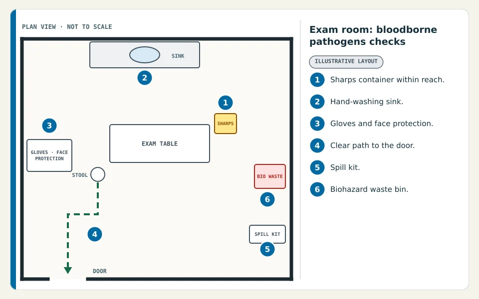 Exam room plan with six numbered callouts: a sharps container within reach, a hand-washing sink, gloves and face protection, a clear path to the door, a spill kit and a biohazard waste bin.