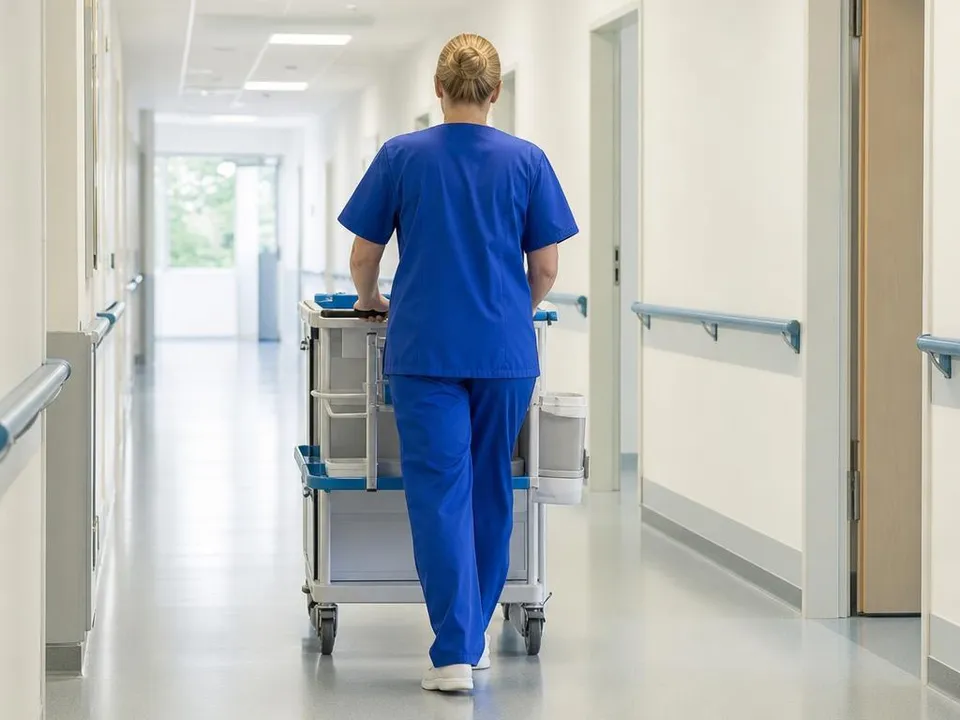 A staff member in blue scrubs pushes a cart along a hospital corridor with handrails on both walls.