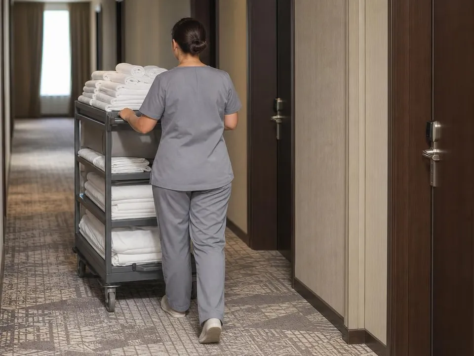 A hotel room attendant pushes a linen cart along a carpeted guest corridor.