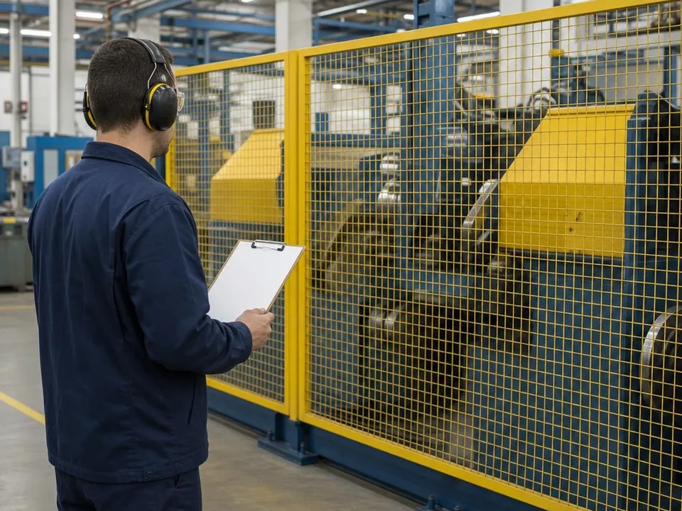 A worker wearing hearing protection holds a checklist beside a machine enclosed by a yellow mesh guard fence on a factory floor.