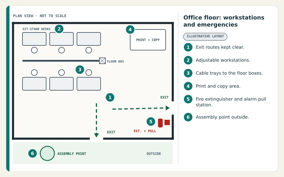 Office floor plan with six numbered callouts: exit routes kept clear, adjustable workstations, cable trays to floor boxes, the print and copy area, a fire extinguisher and alarm pull station, and the assembly point outside.