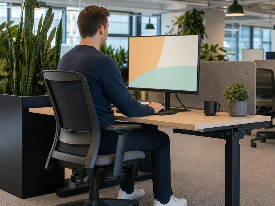 A person works at a desk with a separate monitor and keyboard in a bright open-plan office with plants.