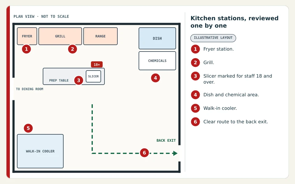 Restaurant kitchen plan with six numbered callouts: fryer station, grill, slicer marked for staff 18 and over, dish and chemical area, walk-in cooler and a clear route to the back exit.