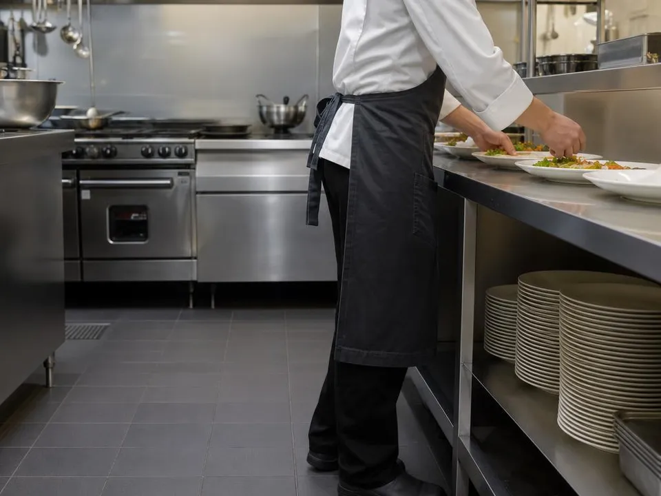 A cook in a dark apron plates food at a stainless steel counter in a commercial kitchen, with a range and ovens behind.