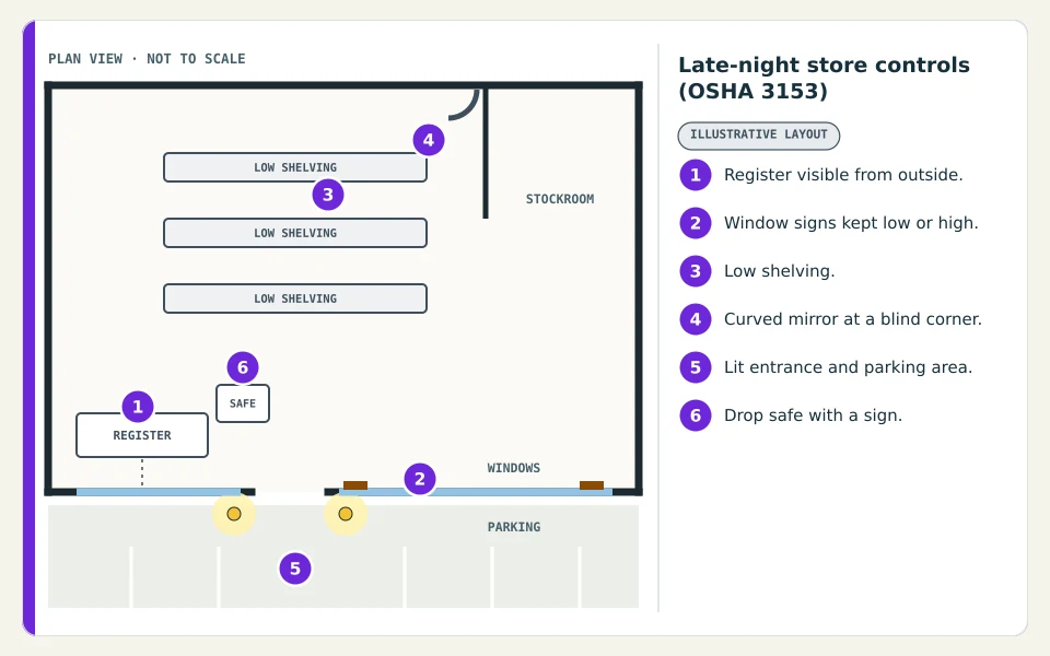 Store floor plan with six numbered callouts from OSHA late-night retail advice: register visible from outside, window signs kept low or high, low shelving, a curved mirror at a blind corner, lit entrance and parking area, and a drop safe with a sign.