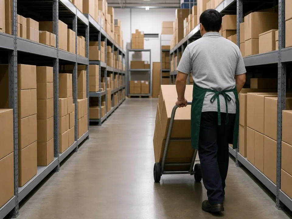 A store worker in an apron pushes a hand truck stacked with cartons along a stockroom aisle lined with shelving.
