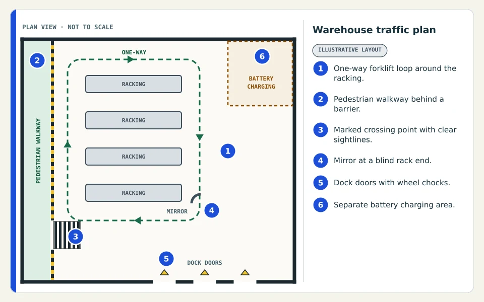 Warehouse floor plan with six numbered callouts: a one-way forklift loop, a barriered pedestrian walkway, a marked crossing point with clear sightlines, a mirror at a blind rack end, dock doors with wheel chocks and a separate battery charging area.