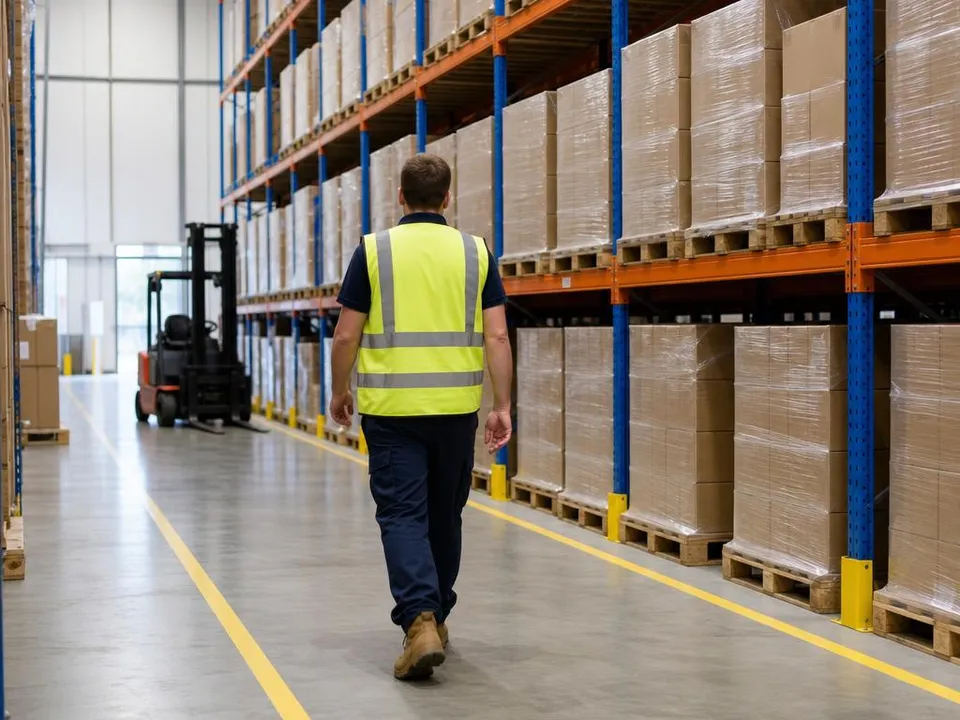 A worker in a high-visibility vest walks along a marked aisle between tall pallet racks while a forklift stands at the far end.