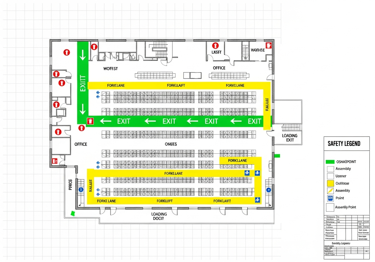 Small Warehouse (< 10,000 sq ft) - OSHA compliant evacuation map template